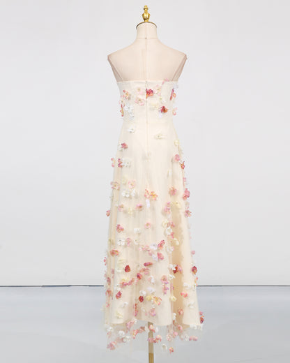 Apricot Strapless 3D Floral Midi Dress