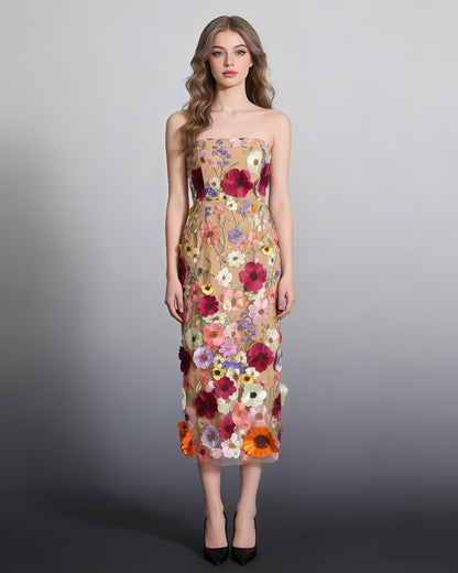 Apricot Strapless Floral Embroidered Midi Dress