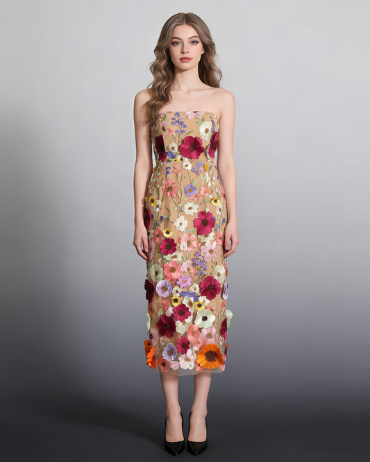 Apricot Strapless Floral Embroidered Midi Dress