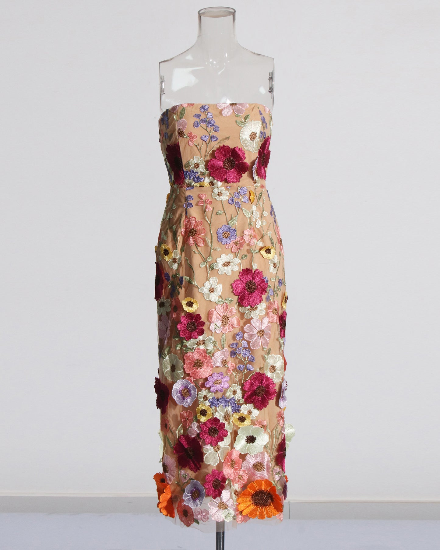 Apricot Strapless Floral Embroidered Midi Dress
