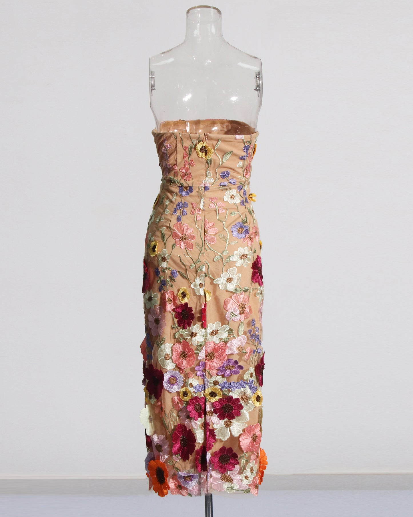 Apricot Strapless Floral Embroidered Midi Dress