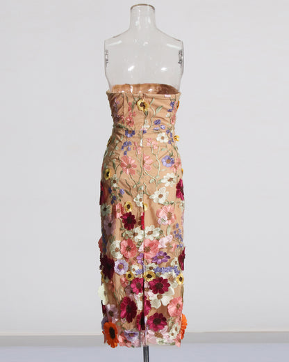 Apricot Strapless Floral Embroidered Midi Dress