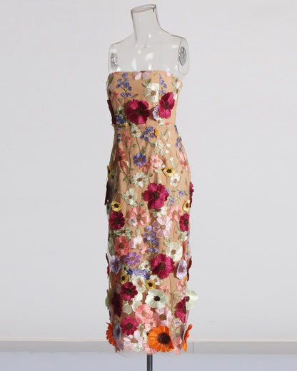 Apricot Strapless Floral Embroidered Midi Dress