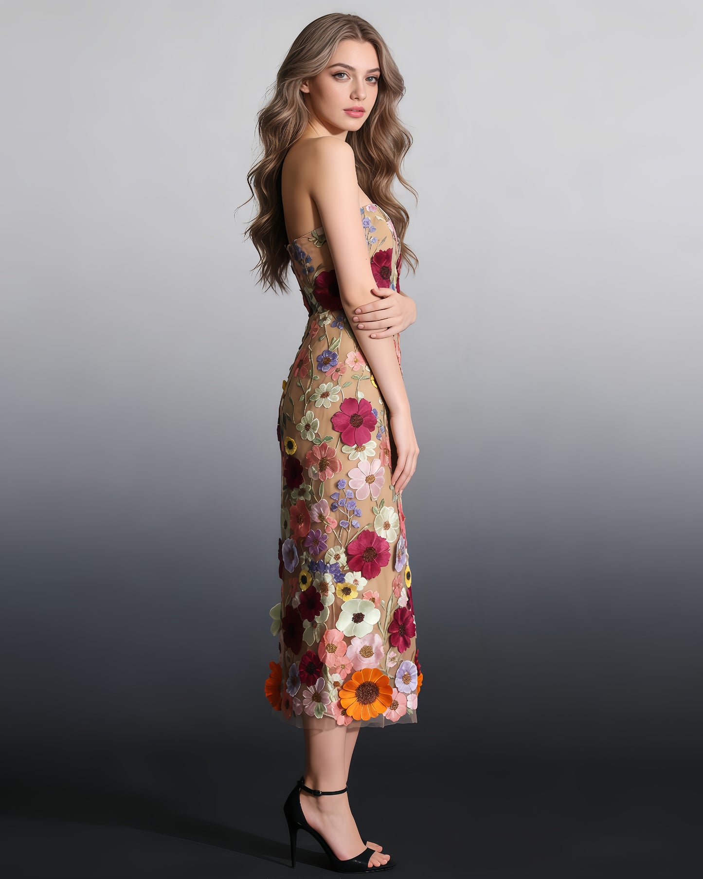 Apricot Strapless Floral Embroidered Midi Dress