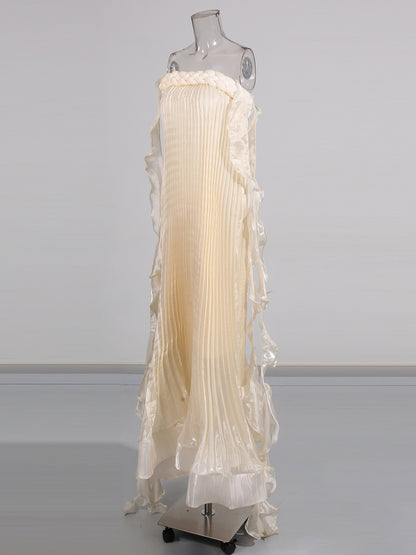 Apricot Strapless Pleated Maxi Dress