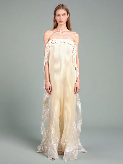 Apricot Strapless Pleated Maxi Dress