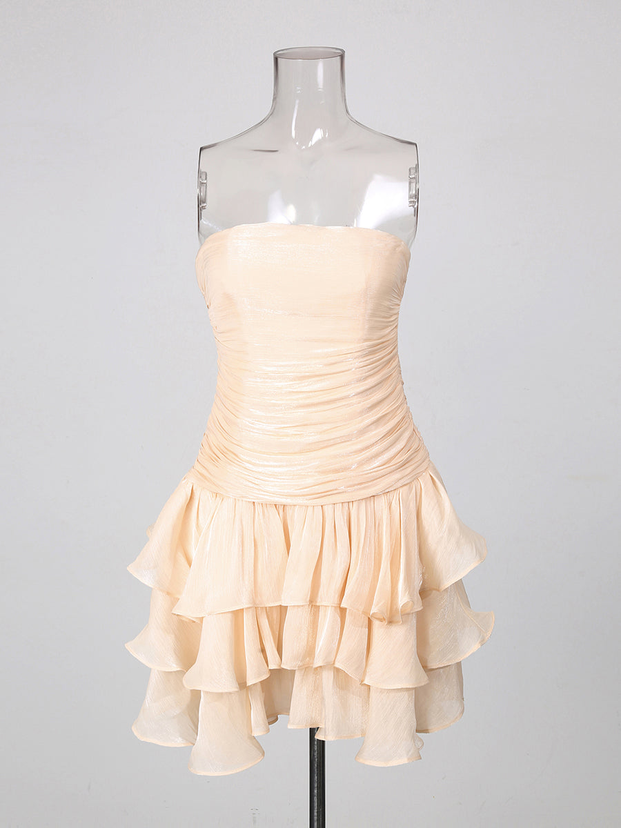 Apricot Strapless Ruched Multi-Layer Ruffle Mini Dress