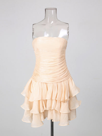 Apricot Strapless Ruched Multi-Layer Ruffle Mini Dress