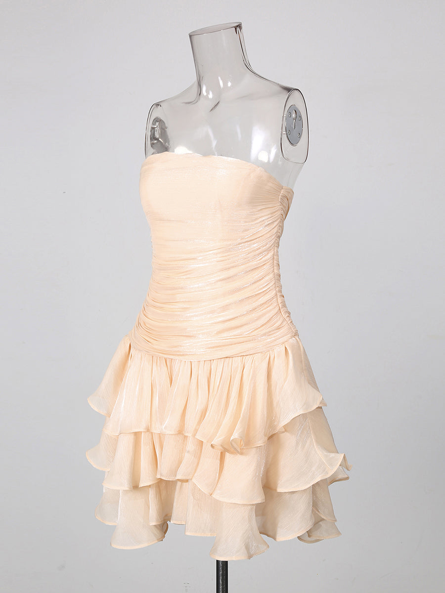 Apricot Strapless Ruched Multi-Layer Ruffle Mini Dress