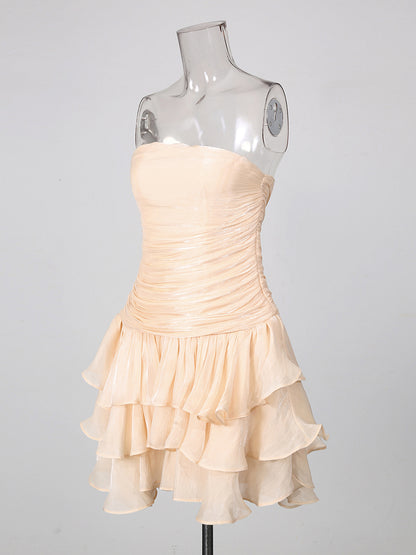 Apricot Strapless Ruched Multi-Layer Ruffle Mini Dress