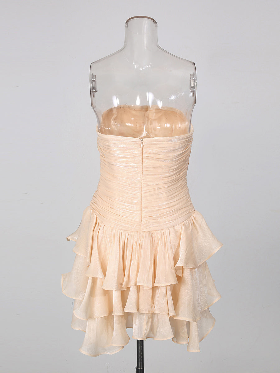 Apricot Strapless Ruched Multi-Layer Ruffle Mini Dress