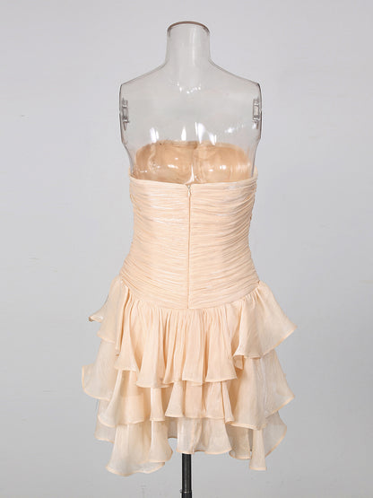 Apricot Strapless Ruched Multi-Layer Ruffle Mini Dress