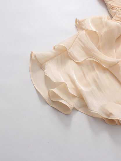 Apricot Strapless Ruched Multi-Layer Ruffle Mini Dress