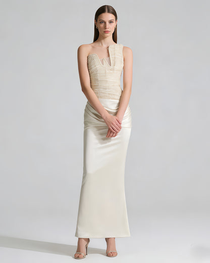 Apricot Strapless Sequin Ruched Satin Maxi Dress