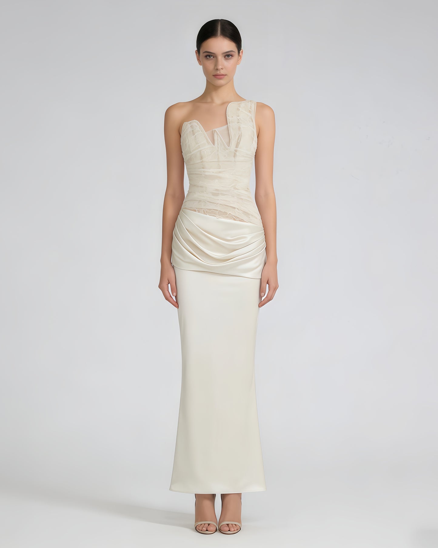 Apricot Strapless Sequin Ruched Satin Maxi Dress