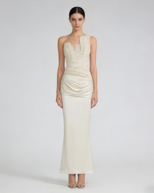 Apricot Strapless Sequin Ruched Satin Maxi Dress