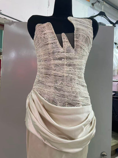 Apricot Strapless Sequin Ruched Satin Maxi Dress