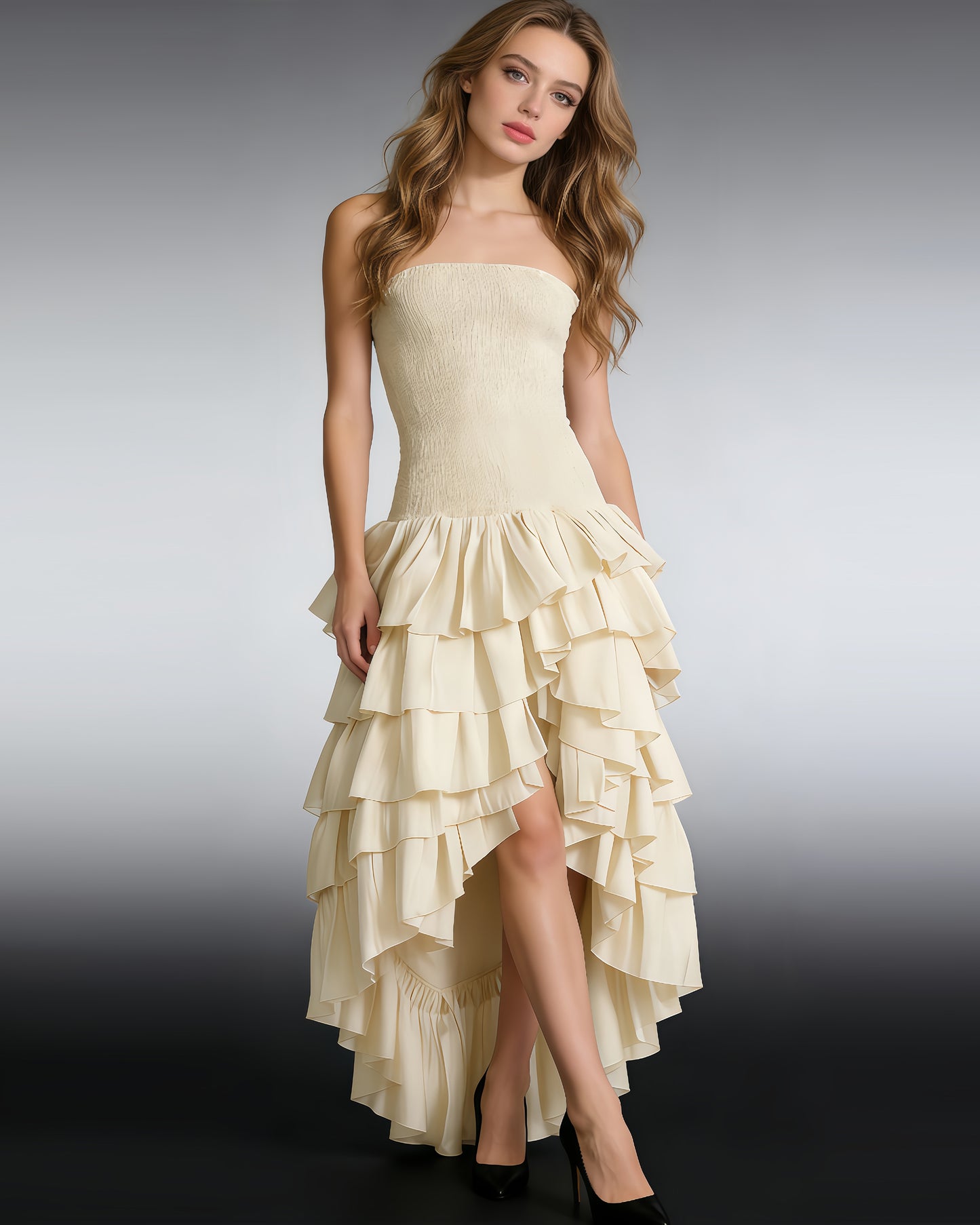 Apricot Strapless Smocked Ruffle Dress