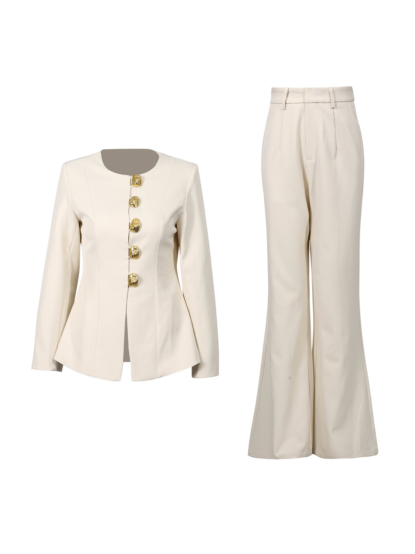 Apricot Suit Set with Gold Button & Flared Pant Detail