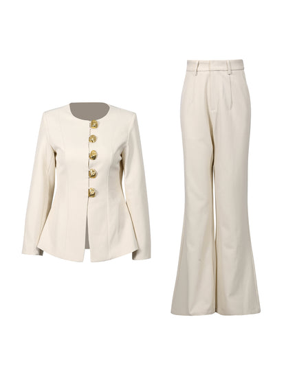 Apricot Suit Set with Gold Button & Flared Pant Detail