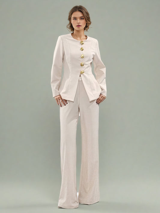 Apricot Suit Set with Gold Button & Flared Pant Detail