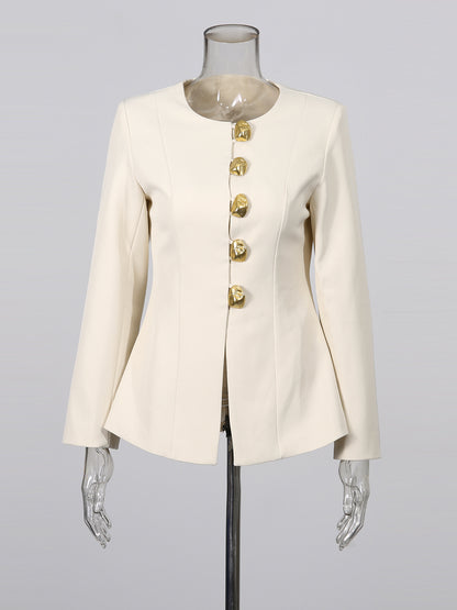 Apricot Suit Set with Gold Button & Flared Pant Detail