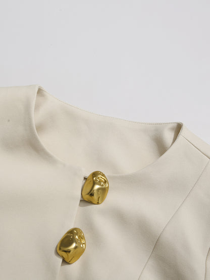 Apricot Suit Set with Gold Button & Flared Pant Detail