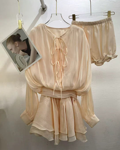 Apricot Tie-Neck Shiny Ruffled Dress