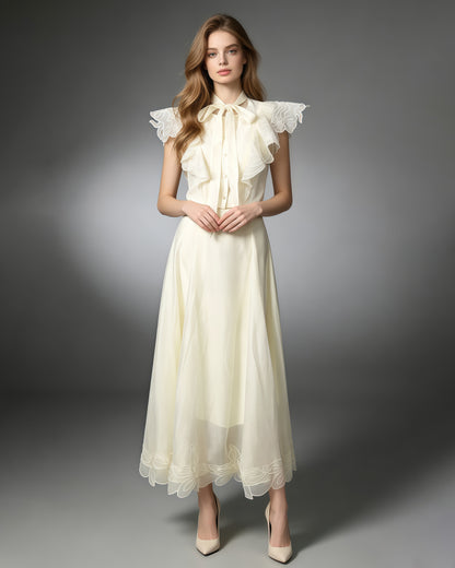 Tie Neck Ruffle Sleeves Top Lace Hem Midi Skirt Set