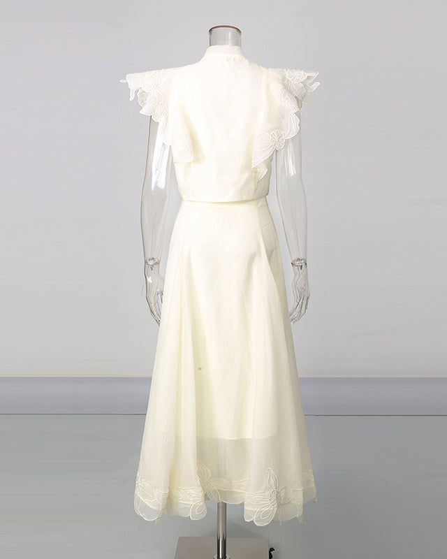 Tie Neck Ruffle Sleeves Top Lace Hem Midi Skirt Set