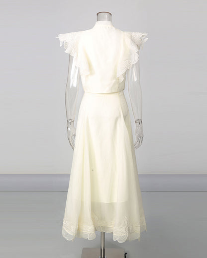 Tie Neck Ruffle Sleeves Top Lace Hem Midi Skirt Set