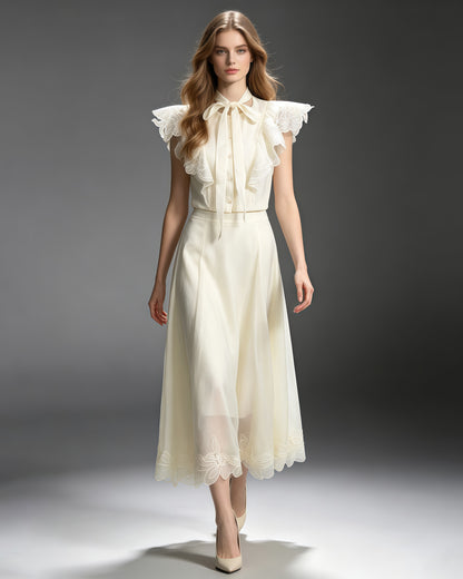 Tie Neck Ruffle Sleeves Top Lace Hem Midi Skirt Set