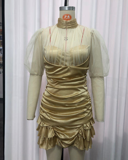 Apricot Tulle Puff Sleeve Satin Mini Dress