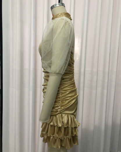 Apricot Tulle Puff Sleeve Satin Mini Dress