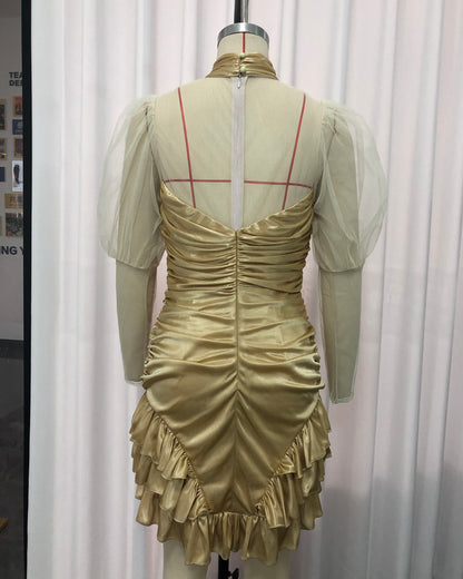 Apricot Tulle Puff Sleeve Satin Mini Dress