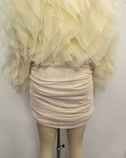 Apricot Tulle Ruffle Ruched Mini Dress