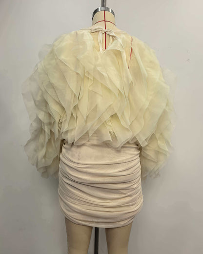 Apricot Tulle Ruffle Ruched Mini Dress