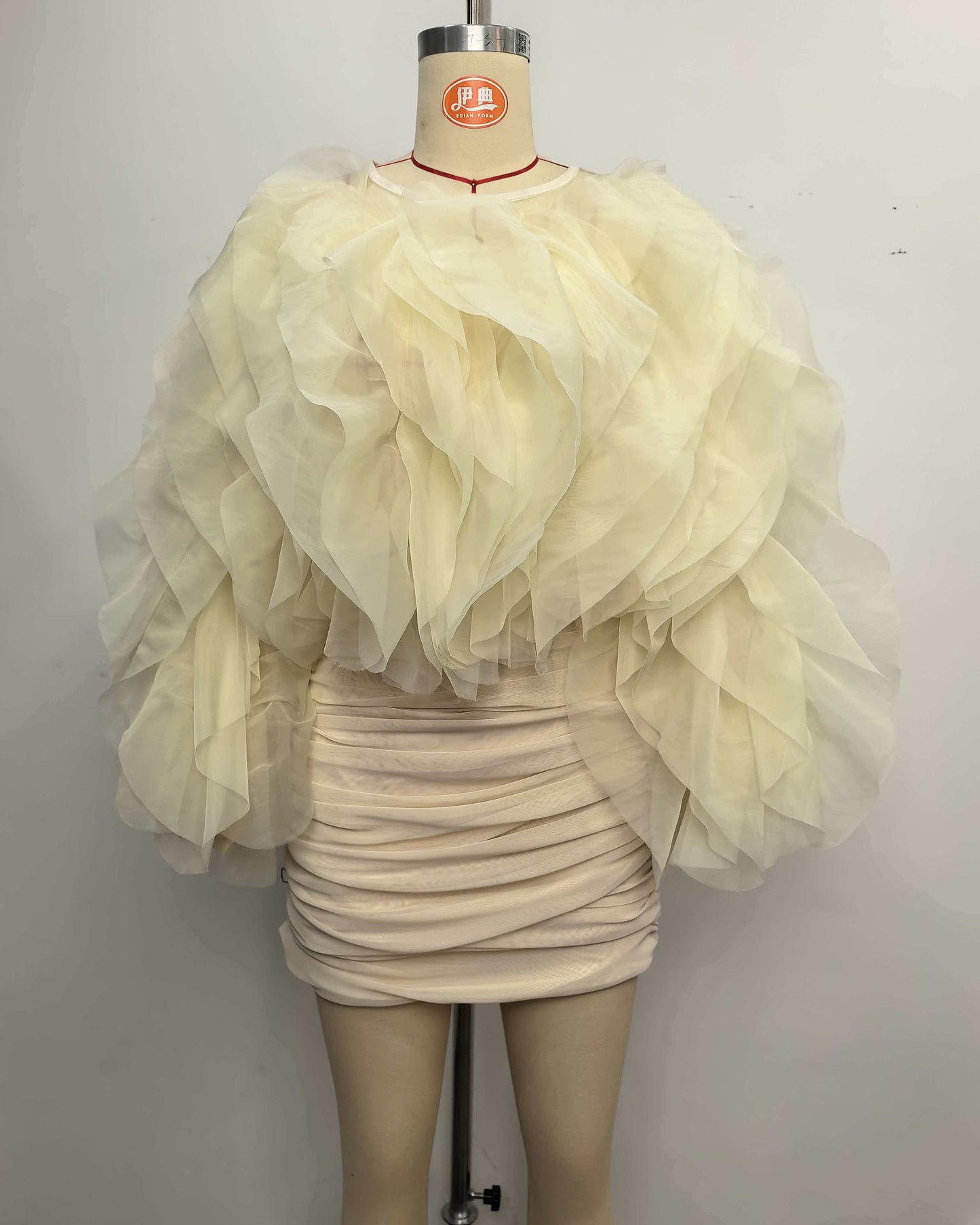Apricot Tulle Ruffle Ruched Mini Dress