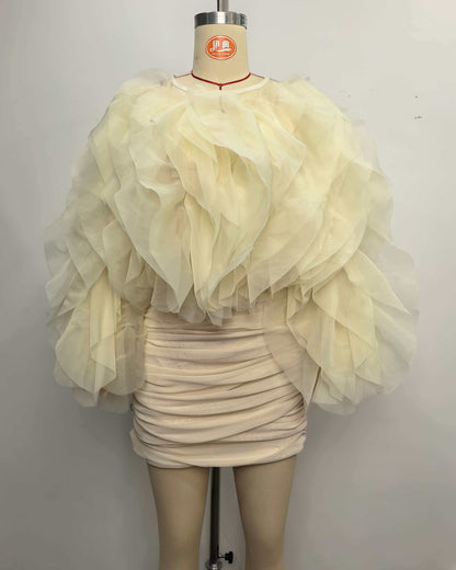 Apricot Tulle Ruffle Ruched Mini Dress