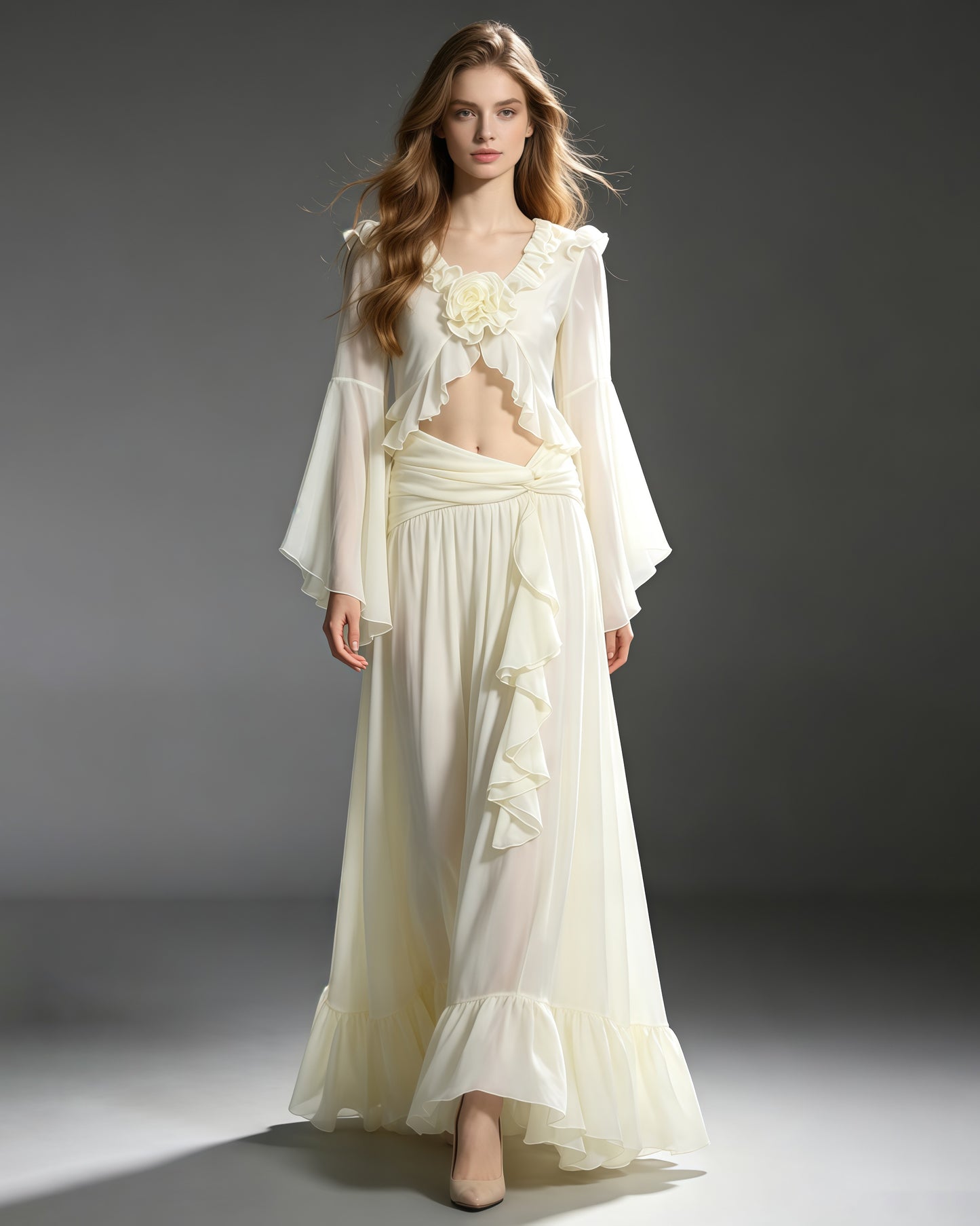Apricot V Neck Crop Top Wrap Waist Maxi Skirt Set