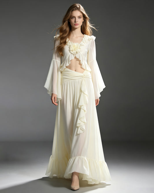 Apricot V Neck Crop Top Wrap Waist Maxi Skirt Set