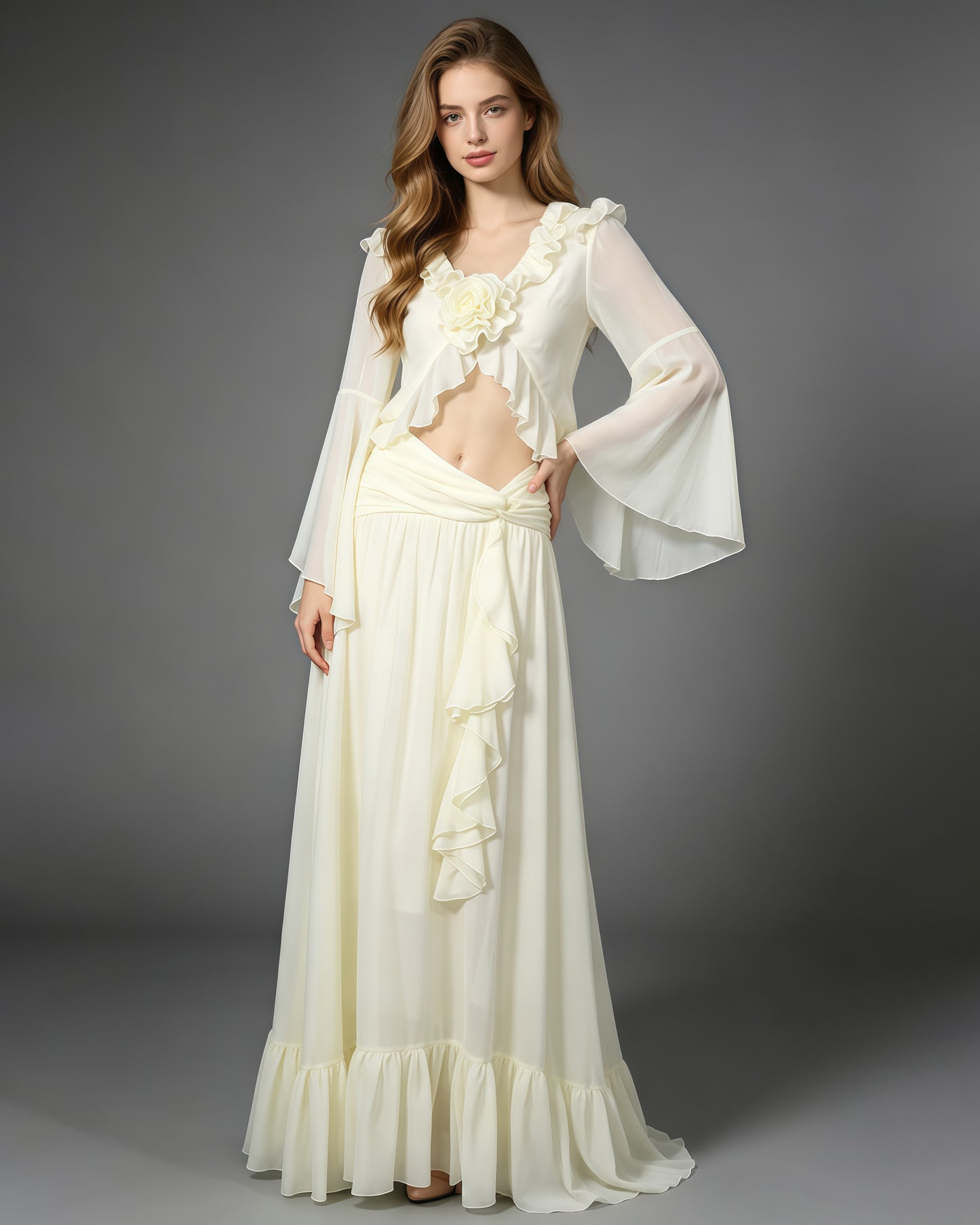Apricot V Neck Crop Top Wrap Waist Maxi Skirt Set