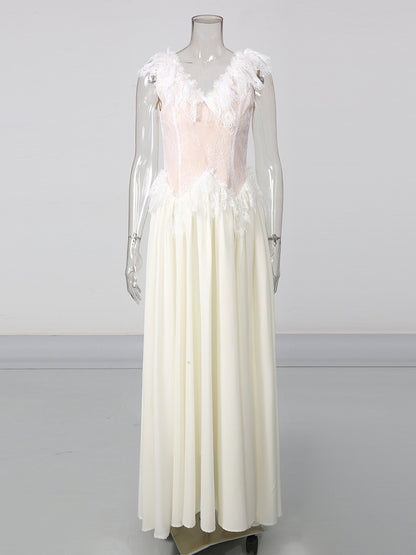 Apricot V Neck Lace Sleeveless Flowy Maxi Dress