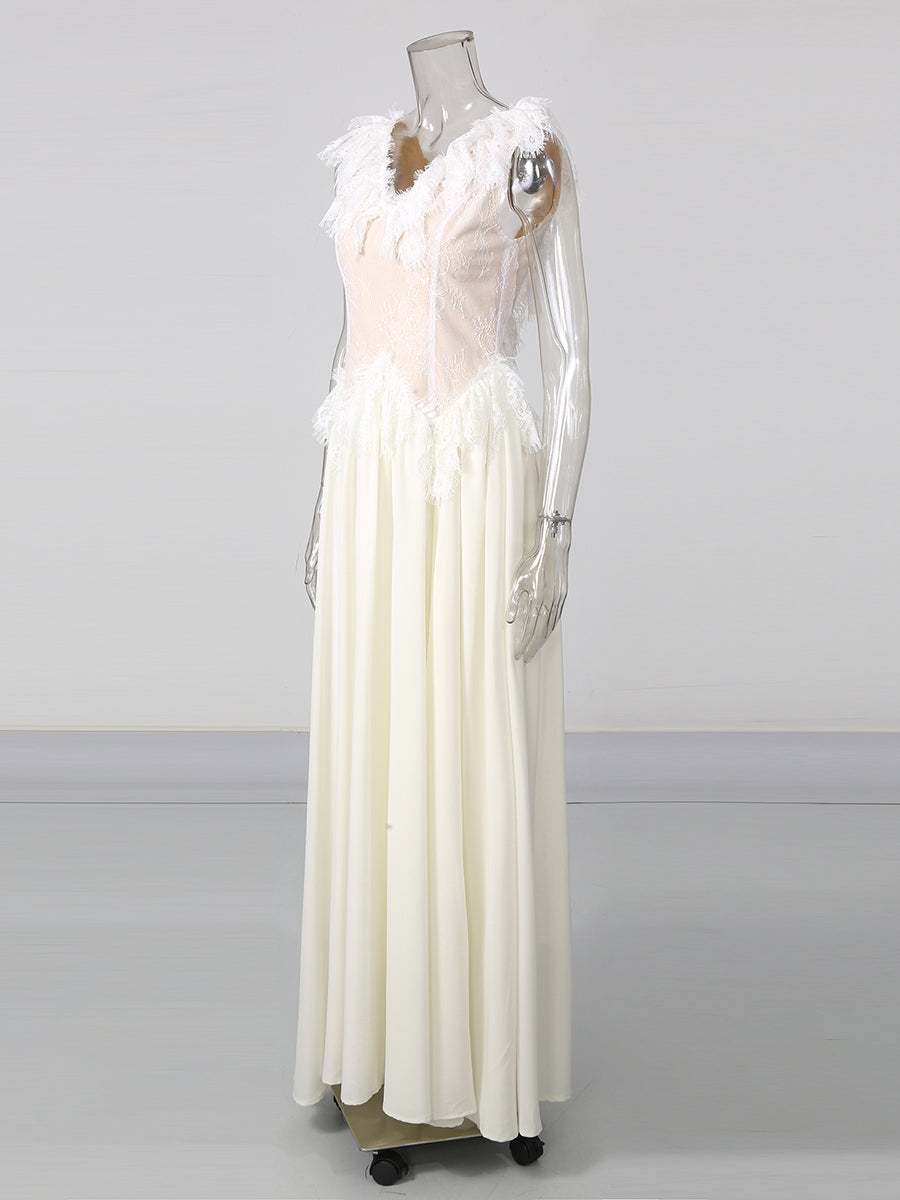 Apricot V Neck Lace Sleeveless Flowy Maxi Dress