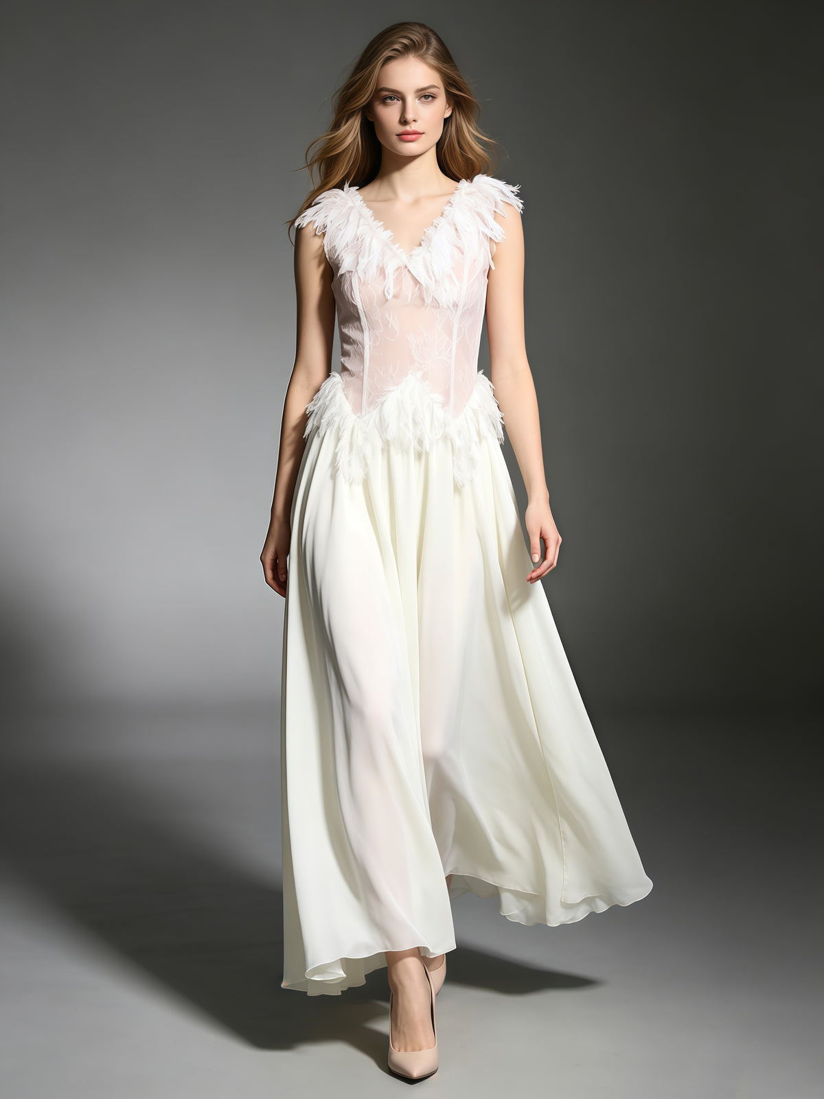 Apricot V Neck Lace Sleeveless Flowy Maxi Dress