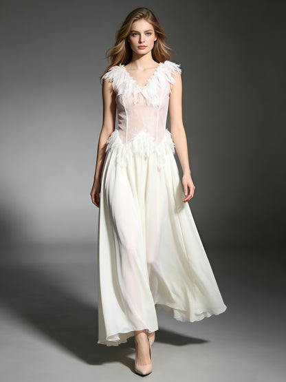 Apricot V Neck Lace Sleeveless Flowy Maxi Dress