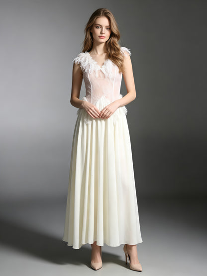 Apricot V Neck Lace Sleeveless Flowy Maxi Dress