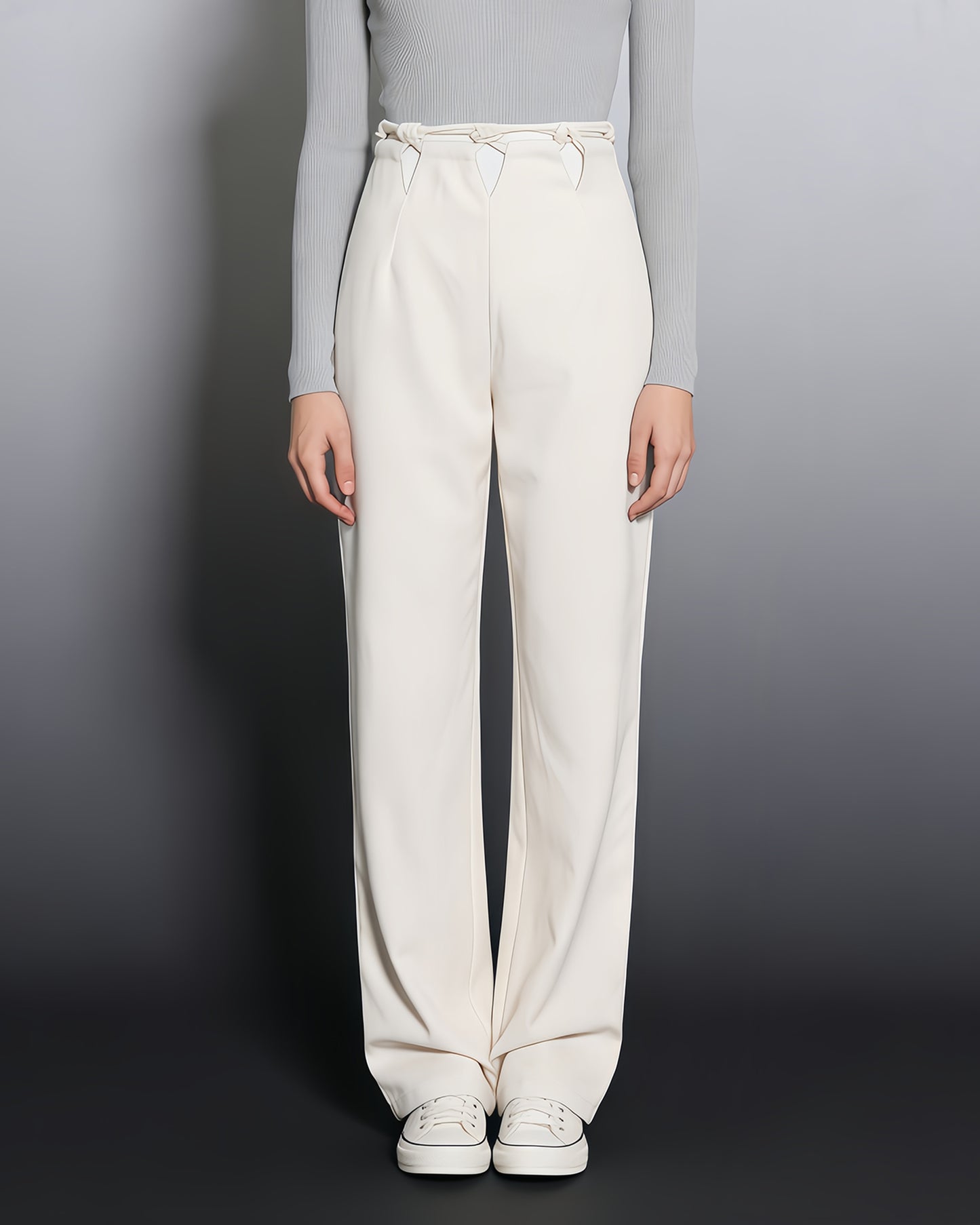 Apricot Wide-Leg Pants with Contrast Waist Accents