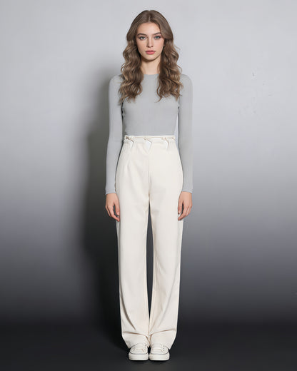 Apricot Wide-Leg Pants with Contrast Waist Accents