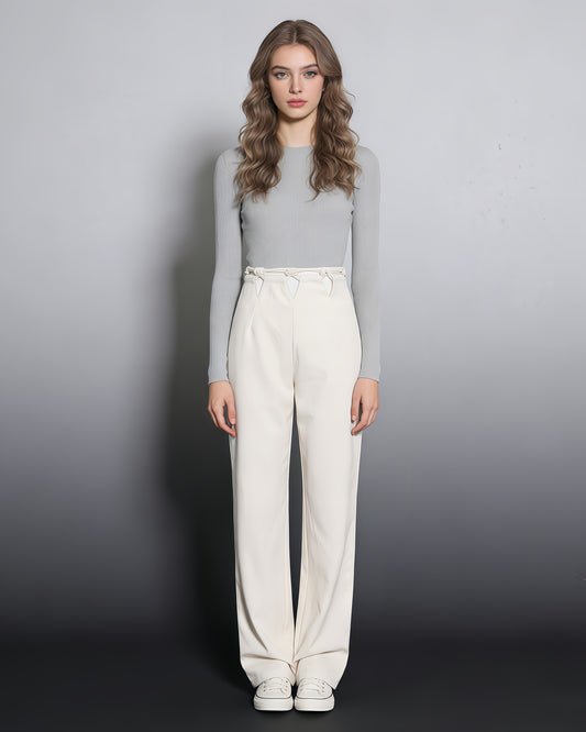 Apricot Wide-Leg Pants with Contrast Waist Accents